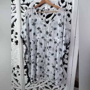 Miken Women's Pom-Pom Black‎ White Palm Kimono Swim Cover Size XL